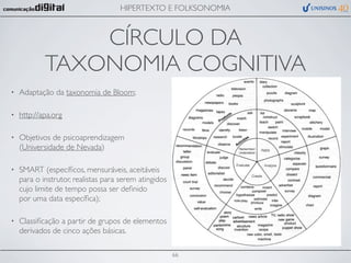 HIPERTEXTO E FOLKSONOMIA



                CÍRCULO DA
            TAXONOMIA COGNITIVA
•   Adaptação da taxonomia de Bloom;

•   http://apa.org

•   Objetivos de psicoaprendizagem
    (Universidade de Nevada)

•   SMART (especíﬁcos, mensuráveis, aceitáveis
    para o instrutor, realistas para serem atingidos
    cujo limite de tempo possa ser deﬁnido
    por uma data especíﬁca);

•   Classiﬁcação a partir de grupos de elementos
    derivados de cinco ações básicas.

                                                       66
 