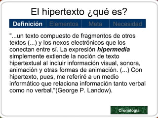 El hipertexto ¿qué es? "...un texto compuesto de fragmentos de otros textos (...) y los nexos electrónicos que los conectan entre sí. La expresión  hipermedia  simplemente extiende la noción de texto hipertextual al incluir información visual, sonora, animación y otras formas de animación. (...) Con hipertexto, pues, me referiré a un medio informático que relaciona información tanto verbal como no verbal."( George P. Landow ).  Cronología Necesidad Meta Elementos Definición 
