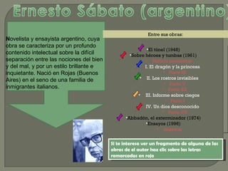 N ovelista y ensayista argentino, cuya obra se caracteriza por un profundo contenido intelectual sobre la difícil separación entre las nociones del bien y del mal, y por un estilo brillante e inquietante. Nació en Rojas (Buenos Aires) en el seno de una familia de inmigrantes italianos.  Si te interesa ver un fragmento de alguna de las obras de el autor haz clic sobre las letras remarcadas en rojo Entre sus obras:     El túnel (1948) Sobre héroes y tumbas (1961) Noticia preliminar I. El dragón y la princesa Parte IX II. Los rostros invisibles Parte V Parte XX III. Informe sobre ciegos Parte I IV. Un dios desconocido Parte VII Abbadón, el exterminador (1974) Ensayos (1996) ensayos 
