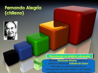 En 1957  Fernando Alegría  publicó la primera edición de  Caballo de Copas . Narrada en primera persona, el protagonista de esta novela es un hombre que hace su vida fuera de su país natal Hipervínculos en palabras subrayadas 