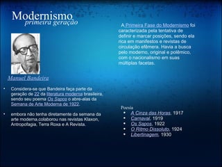 Modernismo primeira geração      Manuel Bandeira Considera-se que Bandeira faça parte da geração de  22  da  literatura moderna  brasileira, sendo seu poema  Os Sapos  o abre-alas da  Semana de Arte Moderna de 1922 .  embora não tenha diretamente da semana da arte moderna,colaborou nas revistas Klaxon, Antropofagia, Terra Roxa e A Revista.    A  Primeira Fase do Modernismo  foi caracterizada pela tentativa de definir e marcar posições, sendo ela rica em manifestos e revistas de circulação efêmera. Havia a busca pelo moderno, original e polêmico, com o nacionalismo em suas múltiplas facetas. Poesia A Cinza das Horas , 1917 Carnaval , 1919 Os Sapos , 1922 O Ritmo Dissoluto , 1924 Libertinagem ,  1930 