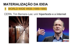 MATERIALIZAÇÃO DA IDEIA
+ WORLD WIDE WEB (1989-1990)
CERN, Tim Berners-Lee: unir hipertexto e a internet
 