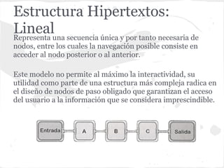 Estructura Hipertextos:
Linealuna secuencia única y por tanto necesaria de
Representa
nodos, entre los cuales la navegación posible consiste en
acceder al nodo posterior o al anterior.

Este modelo no permite al máximo la interactividad, su
utilidad como parte de una estructura más compleja radica en
el diseño de nodos de paso obligado que garantizan el acceso
del usuario a la información que se considera imprescindible.
 