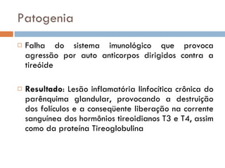 Patogenia Falha do sistema imunológico que provoca agressão por auto anticorpos dirigidos contra a tireóide Resultado : Lesão inflamatória linfocítica crônica do parênquima glandular, provocando a destruição dos folículos e a conseqüente liberação na corrente sanguínea dos hormônios tireoidianos T3 e T4, assim como da proteína Tireoglobulina 