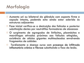 Morfologia Aumento uni ou bilateral da glândula com aspecto firme e capsula intacta, podendo esta ainda estar aderida às estruturas adjacentes Fase inicial verifica-se a destruição dos folículos e posterior substituição destes por neutrófilos formadores de abscessos O surgimento de agregados de linfócitos, plasmócitos e macrófagos ativados próximos aos folículos atingidos,  existência de células gigantes multinucleadas envolvendo fragmentos de colóides Tardiamente a doença cursa com  presença de infiltrado inflamatório crônico e fibrose  substituindo o foco da lesão. 