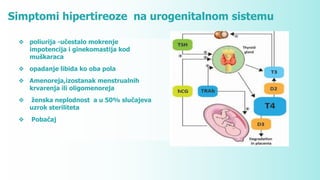 ❖ poliurija -učestalo mokrenje
impotencija i ginekomastija kod
muškaraca
❖ opadanje libida ko oba pola
❖ Amenoreja,izostanak menstrualnih
krvarenja ili oligomenoreja
❖ ženska neplodnost a u 50% slučajeva
uzrok steriliteta
❖ Pobačaj
Simptomi hipertireoze na urogenitalnom sistemu
 