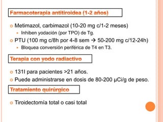  Metimazol, carbimazol (10-20 mg c/1-2 meses) 
 Inhiben yodación (por TPO) de Tg. 
 PTU (100 mg c/8h por 4-8 sem  50-200 mg c/12-24h) 
 Bloquea conversión periférica de T4 en T3. 
 131I para pacientes >21 años. 
 Puede administrarse en dosis de 80-200 μCi/g de peso. 
 Tiroidectomía total o casi total 
