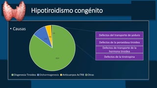 Hipotiroidismo congénito
• Causas
85%
10%
4%
1%
Disgenesia Tiroidea Dishormogenesis Anticuerpos AcTRB Otras
Defectos del transporte de yoduro
Defectos de la peroxidasa tiroidea
Defectos de transporte de la
hormona tiroidea
Defectos de la tirotropina
 