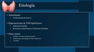 Etiología
• Autoinmune
• Enfermedad de Graves
• Hipersecreción de TSH hipofisiaria
• Adenoma tiroideo
• Resistencia hipofisiaria a hormonas tiroideas
• Otras causas
• Nodulos tiroideos hiperfuncionales
• Inducida por sobrecarga de Yodo radioactivo
• Tiroiditis
 