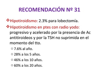 RECOMENDACIÓN Nº 31
Hipotiroidismo: 2.3% para lobectomía.
Hipotiroidismo en ptes con radio yodo:
 progresivo y acelerado por la presencia de Ac
 antitiroideos y por la TSH no suprimida en el
 momento del tto.
  o 7.6% al año.
  o 28% a los 5 años.
  o 46% a los 10 años.
  o 60% a los 20 años.
 