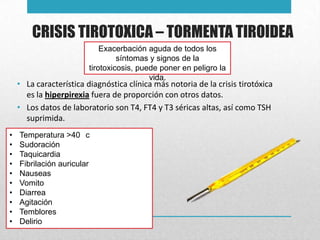 CRISIS TIROTOXICA – TORMENTA TIROIDEA
Exacerbación aguda de todos los
síntomas y signos de la
tirotoxicosis, puede poner en peligro la
vida.

• La característica diagnóstica clínica más notoria de la crisis tirotóxica
es la hiperpirexia fuera de proporción con otros datos.
• Los datos de laboratorio son T4, FT4 y T3 séricas altas, así como TSH
suprimida.
•
•
•
•
•
•
•
•
•
•

Temperatura >40 c
Sudoración
Taquicardia
Fibrilación auricular
Nauseas
Vomito
Diarrea
Agitación
Temblores
Delirio

 