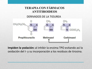 TERAPIA CON FÁRMACOS
ANTITIROIDEOS
DERIVADOS DE LA TIOUREA

Impiden la yodación: al inhibir la enzima TPO evitando así la
oxidación del I- y su incorporación a los residuos de tirosina.

 