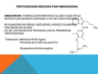 TIROTOXICOSIS INDUCIDA POR AMIODARONA
AMIODARONA: FÁRMACO ANTIARRITMICO CLASE III QUE EN SU
ESTRUCTURA QUÍMICA CONTIENE 37.3% DE YODO POR PESO.
SE ALMACENA EN GRASA, MIOCARDIO, HÍGADO, PULMONES
VIDA MEDIA DE 50 DÍAS
2% DE LOS PACIENTES TRATADOS CON EL PRESENTAN
TIROTOXICOSIS.
Tratamiento: Metimazol 40-60 mg/dia
Perclorato de K (250 mg cada 6 h)

Bloqueadores B-Adrenergicos

 