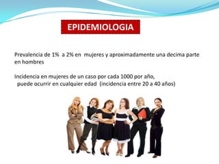 EPIDEMIOLOGIA
Prevalencia de 1% a 2% en mujeres y aproximadamente una decima parte
en hombres
Incidencia en mujeres de un caso por cada 1000 por año,
puede ocurrir en cualquier edad (incidencia entre 20 a 40 años)

 