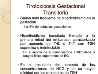 Tirotoxicosis Gestacional
Transitoria
Hiperemesis Gravídica
 La más frecuente y habitual
◦ 0,5-10/1.000 de las gestacione...