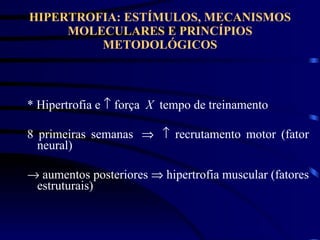 HIPERTROFIA: ESTÍMULOS, MECANISMOS MOLECULARES E PRINCÍPIOS METODOLÓGICOS * Hipertrofia e    força  X   tempo de treinamento 8 primeiras semanas       recrutamento motor (fator neural)   aumentos posteriores    hipertrofia muscular (fatores estruturais) 