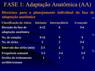 FASE 1: Adaptação Anatômica (AA) Diretrizes para o planejamento individual da fase de adaptação anatômica Classificação do Atleta  Iniciante   Intermediário  Avançado Duração da fase de 6-12 6   3-6   adaptação anatômica No. de estações 9-12 9   9 No. de séries   2 3   3-4 Intervalo das séries (min)  2-3 2   2 Frequência semanal   2-3 3-4   3-5 Sessões de treinamento   1 1   2 aeróbio/semana 