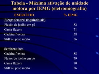 Tabela - Máxima ativação de unidade motora por IEMG (eletromiografia) EXERCÍCIO % IEMG Bíceps femoral (isquiotibiais) Flexão de joelho em pé 82 Cama flexora 71 Cadeira flexora 58 Stiff ou peso morto 56 Semitendíneo Cadeira flexora 88 Flexor de joelho em pé 79 Cama flexora 70 Stiff ou peso morto 56 