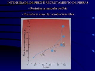 INTENSIDADE DE PESO E RECRUTAMENTO DE FIBRAS Resistência muscular aeróbia Resistência muscular aeróbia/anaeróbia 