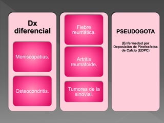 Dx
diferencial
Meniscopatías.
Osteocondritis.
Fiebre
reumática.
Artritis
reumatoide.
PSEUDOGOTA
(Enfermedad por
Deposición de Pirofosfatos
de Calcio (EDPC)
Tumores de la
sinovial.
 