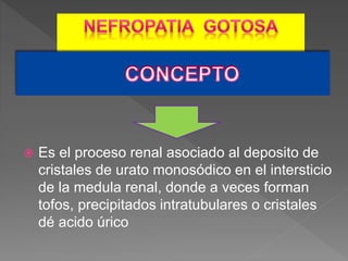  Es el proceso renal asociado al deposito de
cristales de urato monosódico en el intersticio
de la medula renal, donde a veces forman
tofos, precipitados intratubulares o cristales
dé acido úrico
 