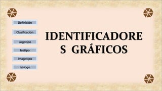 Haga clic para modificar el estilo de título del
patrón
03/08/2016 1
IDENTIFICADORE
S GRÁFICOS
Definición
Clasificación
Logotipo
Isotipo
Imagotipo
Isologo
 