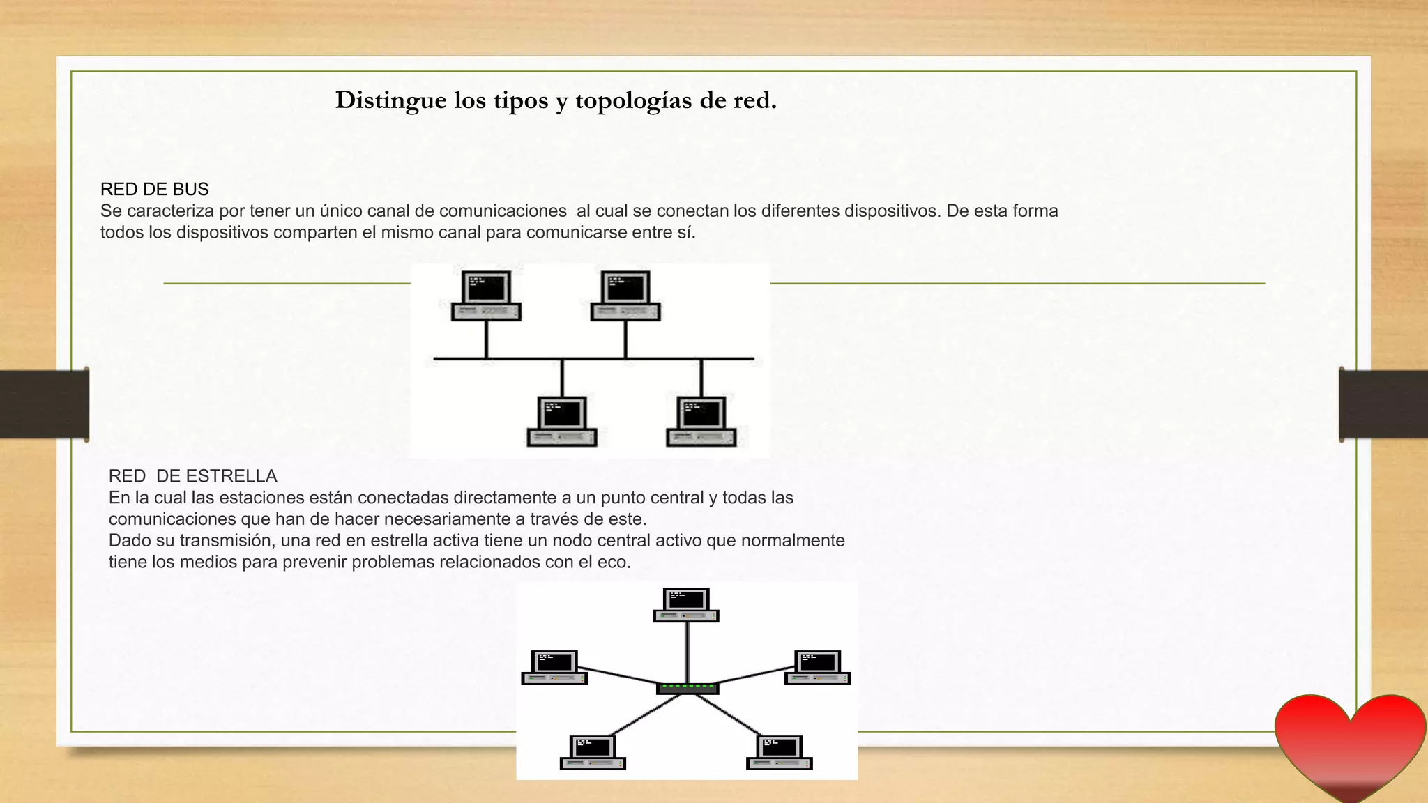 Distingue los tipos y topologías de red.
RED DE BUS
Se caracteriza por tener un único canal de comunicaciones al cual se conectan los diferentes dispositivos. De esta forma
todos los dispositivos comparten el mismo canal para comunicarse entre sí.
RED DE ESTRELLA
En la cual las estaciones están conectadas directamente a un punto central y todas las
comunicaciones que han de hacer necesariamente a través de este.
Dado su transmisión, una red en estrella activa tiene un nodo central activo que normalmente
tiene los medios para prevenir problemas relacionados con el eco.
 