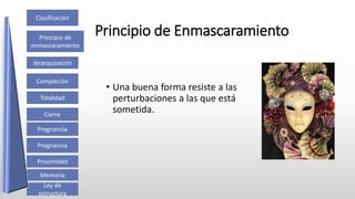Clasificación
Cierre
Compleción
Pregnancia
Ley de
estructura
Memoria
Proximidad
Jerarquización
Principio de
enmascaramiento
Pregnancia
Totalidad
Principio de Enmascaramiento
• Una buena forma resiste a las
perturbaciones a las que está
sometida.
 