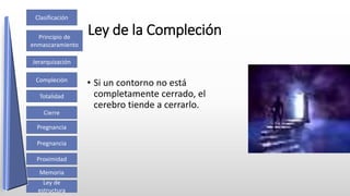 Clasificación
Cierre
Compleción
Pregnancia
Ley de
estructura
Memoria
Proximidad
Jerarquización
Principio de
enmascaramiento
Pregnancia
Totalidad
Ley de la Compleción
• Si un contorno no está
completamente cerrado, el
cerebro tiende a cerrarlo.
 