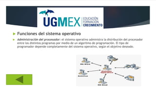  Funciones del sistema operativo
 Administración del procesador: el sistema operativo administra la distribución del procesador
entre los distintos programas por medio de un algoritmo de programación. El tipo de
programador depende completamente del sistema operativo, según el objetivo deseado.
 