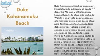 Duke Kahanamoku Beach se encuentra
inmediatamente adyacente al puerto
deportivo Ala Wai y el Kahanamoku
Laguna Duke. Es la playa más ancha de
Waikiki y un arrecife de protección en
alta mar hace que sea una buena playa
para familias con niños. Los nadadores
deben usar reefwalkers o algún otro
calzado de protección, porque la costa
en esta zona tiene un fondo rocoso.
Playa de Kahanamoku es un popular de
la natación, kayak, piragüismo, vela y la
playa y también es el hogar del Puerto
Hilton muelle donde los tours submarinos
Atlantis y cena cruceros salen. El acceso
público a Kahanamoku Beach es a
través de Kalia Road y Pahoa Place.
índice
 