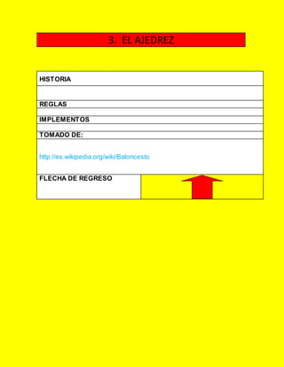 3. EL AJEDREZ 
HISTORIA 
REGLAS 
IMPLEMENTOS 
TOMADO DE: 
http://es.wikipedia.org/wiki/Baloncesto 
FLECHA DE REGRESO 
 