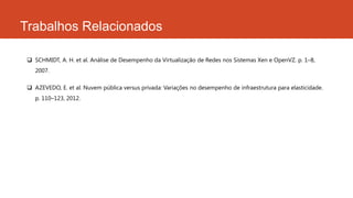 Trabalhos Relacionados
 SCHMIDT, A. H. et al. Análise de Desempenho da Virtualização de Redes nos Sistemas Xen e OpenVZ. p. 1–8,
2007.
 AZEVEDO, E. et al. Nuvem pública versus privada: Variações no desempenho de infraestrutura para elasticidade.
p. 110–123, 2012.
 