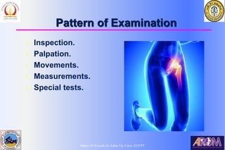 Bahaa Ali Kornah-Al-Azhar Un. Cairo. EGYPT
Pattern of Examination
l Inspection.
l Palpation.
l Movements.
l Measurements.
l Special tests.
 