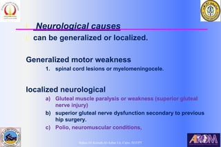 Bahaa Ali Kornah-Al-Azhar Un. Cairo. EGYPT
l Neurological causes
l can be generalized or localized.
Generalized motor weakness
1. spinal cord lesions or myelomeningocele.
localized neurological
a) Gluteal muscle paralysis or weakness (superior gluteal
nerve injury)
b) superior gluteal nerve dysfunction secondary to previous
hip surgery.
c) Polio, neuromuscular conditions,
 