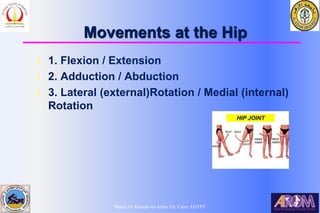 Bahaa Ali Kornah-Al-Azhar Un. Cairo. EGYPT
Movements at the Hip
l 1. Flexion / Extension
l 2. Adduction / Abduction
l 3. Lateral (external)Rotation / Medial (internal)
Rotation
 