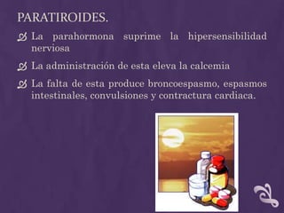 Paratiroides.<br />La parahormona suprime la hipersensibilidad nerviosa<br />La administración de esta eleva la calcemia<b...