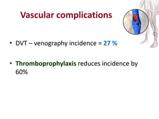 Vascular complications
• DVT – venography incidence = 27 %
• Thromboprophylaxis reduces incidence by
60%
 