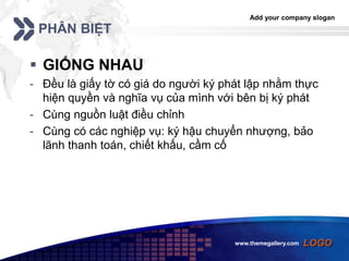 Add your company slogan
LOGOwww.themegallery.com
PHÂN BIỆT
 GIỐNG NHAU
- Đều là giấy tờ có giá do người ký phát lập nhằm thực
hiện quyền và nghĩa vụ của mình với bên bị ký phát
- Cùng nguồn luật điều chỉnh
- Cùng có các nghiệp vụ: ký hậu chuyển nhượng, bảo
lãnh thanh toán, chiết khấu, cầm cố
 