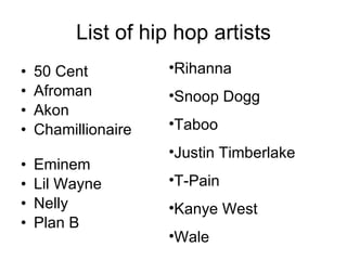 List of hip hop artists 50 Cent  Afroman Akon  Chamillionaire  Eminem  Lil Wayne  Nelly  Plan B  Rihanna  Snoop Dogg  Taboo  Justin Timberlake  T-Pain  Kanye West  Wale  