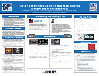 Hip-hop is a very popular form of music today, influencing
cultures all around the world. There is a genre of rap nationally
as well as globally. Hip-hop genres number close to a 100, from
alternative hip hop to conscious rap.
Rap is infamous for its the negative connotations expressed in
the lyrics, especially in the genres, gangster rap, hardcore hip-
hop and underground hip-hop.
We reviewed a) old school hip-hop, b) gangster rap, c) gospel
rap (Christian Hip-Hop) and d) conscious Hip-Hop
We should not blindly find mistakes
and negativity in hip-hop. We must
acknowledge this genre of music for
all of the good it represents. Today,
conscious rap artists are speaking
truth to youth and motivating them!
Historical Perceptions of Hip Hop Genres
(Gangsta Rap to Conscious Rap)
Research QQuestion
Old School Hip-Hop and Gospel Rap
Gangster Rap
Hip-Hop Today
References
“I literally cringe when I listen to many albums, and
watching hip-hop videos is usually a bad idea,” Lee says.
As a Gospel rapper, Lee has observed the downhill turn
hip-hop has taken in recent years. He argues that rap has
turned away from story telling and toward the degradation
of women and the usage of drugs.
Lee believes that in ideas that are in the Bible and is
currently attending Southern Baptist Theological Seminary
in Louisville, Kentucky.
The Sugarhill Gang became very popular with their 1979
song “Rapper’s Delight,” which was considered the first
hip-hop record to gain widespread popularity.
Grandmaster Flash’s “The Message” was a record released
in 1982 about his experiences.
These two records were essential to the true art of rap as
they told stories without using offensive language.
The Roots of Rapping
Has the subgenre of conscious hip-hop (or socially conscious hip-
hop), which challenges the dominant cultural, political,
philosophical and economic consensus, changed the perception
of hip-hop artists, music, and lyrics today? An example is activist,
Talib Kweli [Student/True in Arabic], with strong political views on
racial stereotypes and police brutality.
Tasso (message) and Kebetu (fast, grounded in Senegal,
expressed poetry in a musical way. Villagers used handmade
instruments to tell stories about their families and local
events. This particular style of talking while music is playing is
called rap.
Traditions migrated when Africans were kidnapped and sent to
America during the Atlantic Slave Trade.
Slaves used this form of music and singing as a coping
mechanism from the pain of slavery while they worked hard in
the fields.
PROF. AFRIKA BAMBBAATAA
Kevin Donovan, known as Afrika Bambaataa by his stage name,
is an American D.J. and an originator of break beat DJing.
His stage name means “affectionate leader.”
His encyclopedic knowledge of funk grooves earned him
the nickname of Master of Records.
He is considered the grandfather and godfather of universal
hip-hop culture and is responsible for spreading hip-hop
culture throughout the world.
He formed Zulu Nation, the world’s oldest and most globally
widespread hip hop cultural organization and music-oriented
youth organization.
D.J. Bambaataa’s first recorded release on Paul Winley Records
(125th St located inn Harlem was called “Zulu Nation
Throwdown Part 1” in 1980.
In 2012, the hip-hop pioneer was named Visiting Professor at
Cornell University, the prestigious Ivy League college.
Notably, Cornell University has the world’s largest archive on
hip-hop culture (e.g., sound recordings, flyers, photographs,
videos, and other artifacts.
Trip Lee
“The Good Life”
“ I’m Good”
“Between Two Worlds”
Though Ice-T made gangster rap popular by being the first
hip-hop album to receive a parental advisory sticker, N.W.A
(N****z Wit Attitudes) was a group that was known
globally known for its lyrics in the late 1980s.
In the film “Straight Outta Compton,” we see the rude
welcoming gangster rap received from the mainstream.
That is because they didn’t understand that all they were
doing was expressing themselves.
People have believed that rap and artists are violent.
People criticize what they don’t understand. The style of
music, clothing, and vulgar lyrics are different for listeners
who are not aware of what occurred in the hood.
Tupac Amaru (Shining Serpent) and thankful to God
(Shakur)
2Pac’s first song was about gun control
Tupac’s mother was a Black Panther
2Pac dated Madonna
Me Against the World was #1 while 2Pac was incarcerated
The biblical scripture, Exodus 18:31, is tattooed on Tupac’s
back
The acronym, THUGLIFE, means “The Hate U Give Little
Infants F**** Everybody.
The acronym, N****Z, is “Never Ignorant Getting Goals
Accomplished.
2Pac appeared on Forbes’ Top Earning Dead Celebrities
three years in a row earning $7 M, $12 M, and $5 M
Tupac’s ex-wife earned a B.S. degree in Criminal Justice
from John Jay College of Criminal Justice
Dyson, M.E. (1997). Beyond God and Gangsta Rap: Bearing Witness to Black Culture.:
Bearing Witness to Black Culture. New York: Oxford University Press:.
__________(2001). Holler if you hear me: Searching for Tupac Shakur. New York: Basic
Civitas Books.
Dyson, M. E., Jay-Z, ., & Nas, . (2007). Know what I mean?: Reflections on hip-hop. New York:
Basic Civitas Books.
Gourdine, R. M., & Lemmons, B. P. (2011). Perceptions of Misogyny in Hip Hop and Rap:
What Do the Youths Think?. Journal Of Human Behavior In The Social
Environment, 21(1), 57-72. doi:10.1080/10911359.2011.533576
Merrit, J. (2015, Feb 4). Trip Lee: Inside the mind of a misfit Christian rapper. Retrieved from
http://jonathanmerritt.religionnews.com/2015/02/04/trip-lee-inside-mind-
misfit-christian-rapper/
Miller, M. R., Pinn, A. B., & Bun, B. (2015). Religion in hip hop: Mapping the new terrain in
the US.
Mize, c. (2014). History of Rap - The True Origins of Rap Music.
ColeMizeStudios. Retrieved 17 November 2015, from
http://colemizestudios.com/how-did-rap-star
Myint. (2015). N.W.A.: Where Are They Now? Bio. Retrieved from
http://www.biography.com/news/nwa-where-are-they-now-straight-outta-
compton-
Oldschoolhiphop.com,:dedicated to hip hop prior to 1986.. (2015). Sugarhill Gang Biography
| OldSchoolHipHop.Com. (blog). Retrieved 17 November 2015, from
http://www.oldschoolhihop.com/artists/emcees/sugarhillgang.htm
Tyson, E. H. (2006). Rap-music attitude and perception scale: A validation study. Research
on S social Work Practice, 16(2), 211-223.
Utley, E.A. (2012). Rap and Religion: Understanding the Gangsta s God. Santa Barbara, CA:
Praeger:
Conclusions
The language used in hip-hop continues to be considered
offensive.
Ex- rapper Master P (Percy Miller) made a statement to the
House Energy Commerce subcommittee that he is now
committed to producing clean lyrics and apologized to women
for past songs that demeaned them (Abrams, 2007).
Rapper and producer, David Banner, born Levell Crump, on the
other hand, stated at the Capital Hill debate, From Imus to
Industry: The Business of Stereotypes and Degrading Images:
''If by some stroke of the pen hip-hop was silenced, the issues
would still be present in our communities… Drugs, violence,
sexism and the criminal element were around long before hip-
hop existed.''
Conscious Rap? Lamar and J Cole
Muhammad Bilal, Selisha Dyal, Chris Meyer, Adelaida Preda, & Jonathan Vargas
AFR 320-50 | Dr. Patricia Johnson Coxx | Peer Mentor Kemi Adesunloro
Introduction
The Sugarhill Gang,
Grandmaster Flash
N.W.A
The Language of Hip-Hop
Tupac Amaru Ahakur (2pac) (1971-1996)
083
 