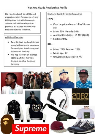 Hip Hop Heads Readership Profile
Hip Hop Heads will be a UK based
magazine mainly focusing on US and
UK Hip-Hop, but will also contain
adverts and articles relevant to
products associated with the Hip-
Hop scene and its followers.
Key Facts Based On Similar Magazines
HYPE –
Core target audience: 18 to 35 year
old
Male: 70% Female: 30%
Audited Circulation: 15 382 (2011)
Sold monthly
XXL–
Male: 78% Female: 22%
Mean age: 27
University Educated: 44.7%
Additional Statistics
Two-thirds of hip-hop listeners
spend at least some money on
fashion items like clothing and
accessories monthly
Hip-hop listeners on average
spend 2.5 times more on
trainers monthly than non-
listeners.
 