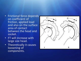 • Frictional force depends
on coefficient of
friction, applied load
and also on the surface
area of contact
between the head and
socket.
• FT will increase with
large size head.
• Theoretically it causes
loosening of
components.

 