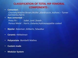 CLASSIFICATION OF TOTAL HIP FEMORAL
COMPONENTS :

• Cemented :
Charnely,Matche Brown,Muller ,alandruccio ,Aufranc – Turner
,Sarmiento,Harris
• Non cemented –
Press Fit :
Judet ,Lord ,Sivash ,
Porous Metal : Harris ,Galante,Hydroxyappatite coated
• Bipolar--Bateman ,Gilibertz ,Talwalkar
• Ceramic –Mittelmeir
• Polyacetate -Bombelli Mathes
• Custom made
• Modular System

 