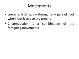 Movements
• Lower end of axis – through any part of foot
when foot is above the ground.
• Circumduction is a combination of the
foregoing movements
 