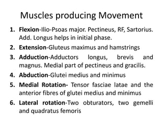 Muscles producing Movement
1. Flexion-Ilio-Psoas major. Pectineus, RF, Sartorius.
Add. Longus helps in initial phase.
2. Extension-Gluteus maximus and hamstrings
3. Adduction-Adductors longus, brevis and
magnus. Medial part of pectineus and gracilis.
4. Abduction-Glutei medius and minimus
5. Medial Rotation- Tensor fasciae latae and the
anterior fibres of glutei medius and minimus
6. Lateral rotation-Two obturators, two gemelli
and quadratus femoris
 