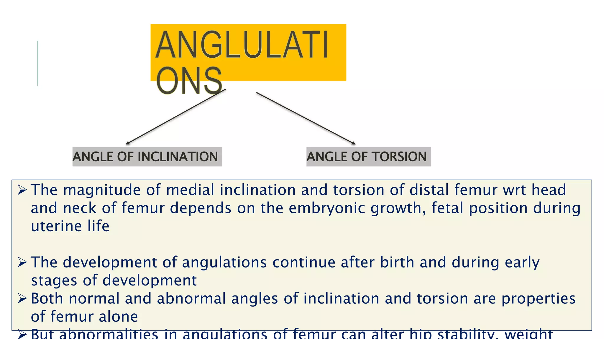 ANGLE OF INCLINATION ANGLE OF TORSION
The magnitude of medial inclination and torsion of distal femur wrt head
and neck of femur depends on the embryonic growth, fetal position during
uterine life
The development of angulations continue after birth and during early
stages of development
Both normal and abnormal angles of inclination and torsion are properties
of femur alone
 