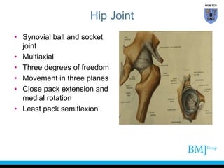 Hip Joint
• Synovial ball and socket
joint
• Multiaxial
• Three degrees of freedom
• Movement in three planes
• Close pack extension and
medial rotation
• Least pack semiflexion
MOB TCD
 