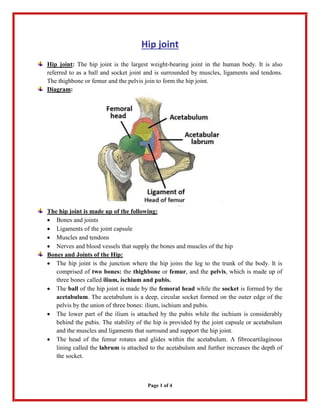 Page 1 of 4
Hip joint
Hip joint: The hip joint is the largest weight-bearing joint in the human body. It is also
referred to as a ball and socket joint and is surrounded by muscles, ligaments and tendons.
The thighbone or femur and the pelvis join to form the hip joint.
Diagram:
The hip joint is made up of the following:
 Bones and joints
 Ligaments of the joint capsule
 Muscles and tendons
 Nerves and blood vessels that supply the bones and muscles of the hip
Bones and Joints of the Hip:
 The hip joint is the junction where the hip joins the leg to the trunk of the body. It is
comprised of two bones: the thighbone or femur, and the pelvis, which is made up of
three bones called ilium, ischium and pubis.
 The ball of the hip joint is made by the femoral head while the socket is formed by the
acetabulum. The acetabulum is a deep, circular socket formed on the outer edge of the
pelvis by the union of three bones: ilium, ischium and pubis.
 The lower part of the ilium is attached by the pubis while the ischium is considerably
behind the pubis. The stability of the hip is provided by the joint capsule or acetabulum
and the muscles and ligaments that surround and support the hip joint.
 The head of the femur rotates and glides within the acetabulum. A fibrocartilaginous
lining called the labrum is attached to the acetabulum and further increases the depth of
the socket.
 