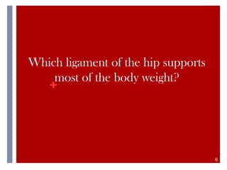 +
Which ligament of the hip supports
most of the body weight?
6
 